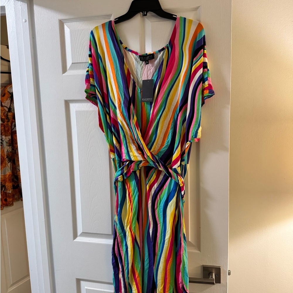 Eloquii Rainbow Wrap Midi Dress V-Neck Casual